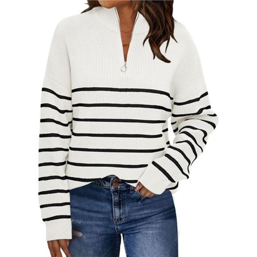 Women's  Striped Oversized  Pullovers Sweaters Half Zipper Casual Knit Tops